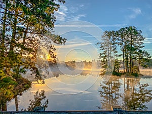 Mirror Lake reflection in fall with trees and clouds