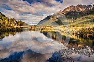 Mirror Lakes north of Lake Te Anau on the road from Te Anau to Milford Sound in New Zealand where the