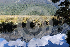 The Mirror Lakes reflecting the Earl Mountains, South Island, New Zealand