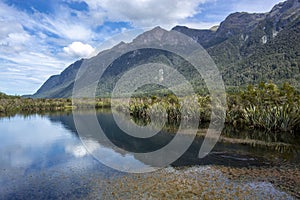 Mirror Lakes with reflection , Millford, New Zealand