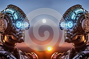 Mirror-like double portrait of two cyborgs with biomechanical implants looking at each other through brightly shining artificial