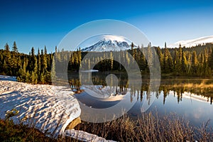 Mirror like reflection and mount Rainier