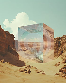 Mirror in the middle of the desert. abstract cube in the desert against blue sky.