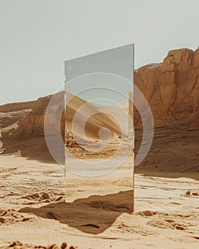 Mirror in the middle of the desert. abstract cube in the desert against blue sky.