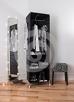 Mirror and mobile wardrobe with clothing