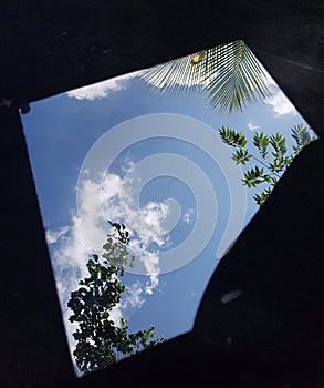 Mirror with nature reflections on the dark background