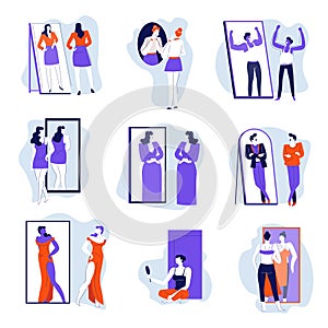 Mirror and people looking at reflection isolated icons, self rejection or acceptance