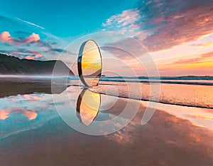 Mirror reflection on the beach at sunrise.