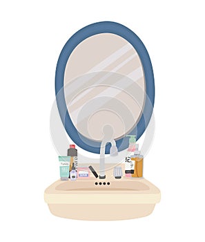 mirror and set of skincare icons on a sink