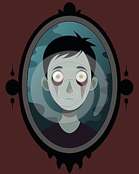 The mirror shows a distorted image of myself with dark polluted eyes and a sneering grin.. Vector illustration. photo