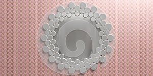 Mirror silver color round frame hanging on wall, wallpaper red color. Art Deco style background. 3d illustration