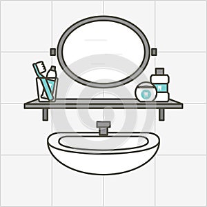 Mirror, sink and shelf with toothbrush, toothpaste, floss and mouthwash in the bathroom - dental cartoon vector flat style