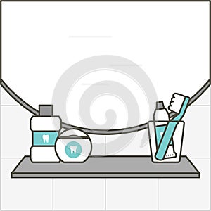 mirror, sink and shelf with toothbrush, toothpaste, floss and mouthwash in the bathroom - dental cartoon vector flat style