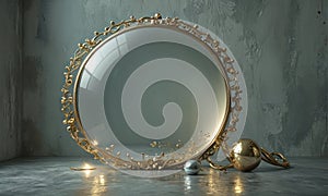 A mirror is sitting on a grey wall with a gold frame.