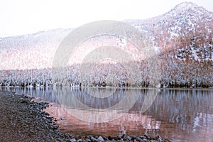 Mirror surface of the lake with a mountain range on the horizon