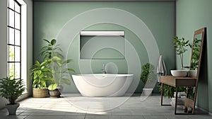 a mirror and table in modern bathroom with bathtub and green wall