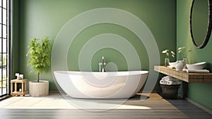 a mirror and table in modern bathroom with bathtub and green wall