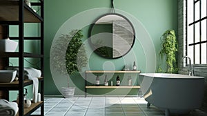 a mirror and table in modern bathroom with bathtub and green wall