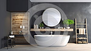 a mirror and table in modern bathroom with bathtub and green wall