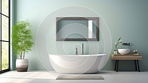 a mirror and table in modern bathroom with bathtub and green wall