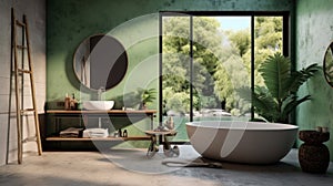 a mirror and table in modern bathroom with bathtub and green wall
