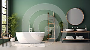 a mirror and table in modern bathroom with bathtub and green wall