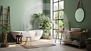 a mirror and table in modern bathroom with bathtub and green wall