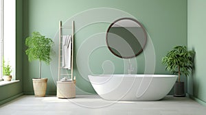 a mirror and table in modern bathroom with bathtub and green wall