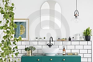 Mirror on white wall above green washbasin in bathroom interior with plants and poster. Real photo