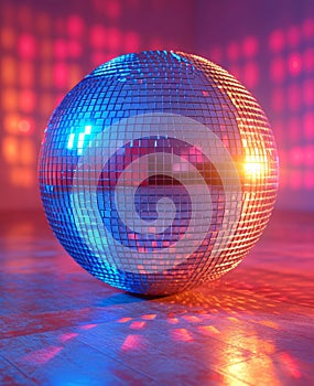 Mirrorball. Shiny disco ball on wooden floor with red and blue light