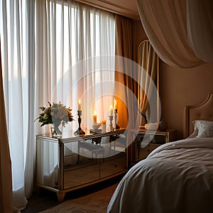 A mirrored dresser reflecting soft candlelight in a luxurious bedroom with silk curtains flowing gently in the breeze photo