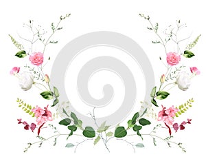 Mirrored flowers plants vector design frame. Hand painted meadow branches, flowers, leaves on white background