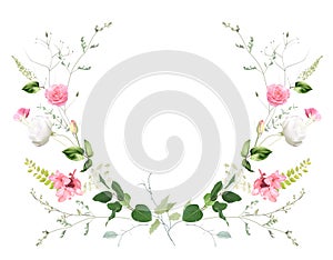 Mirrored flowers plants vector design frame. Hand painted meadow branches, flowers, leaves on white background
