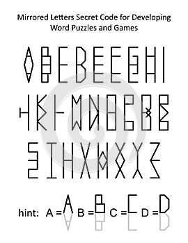 Mirrored letters secret code for developing word puzzles and word games for kids and adults. Full alphabet set English language