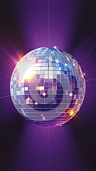 Mirrored spinning purple disco ball for 80s, 90s luminous background