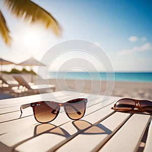 mirrored sunglasses on the table on the beach with sea views