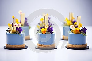 mirrorglazed blueberry entremets neatly arranged in a row