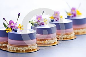 mirrorglazed blueberry entremets neatly arranged in a row