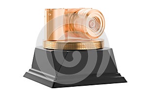 Mirrorless digital camera golden award concept. 3D rendering