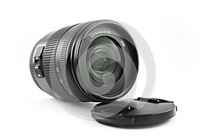 Mirrorless dslr camera lens. close-up lens front surface with white background