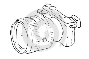 Mirrorless or Proffesional Digital Camera, Vector Outline Manual Draw Sketch