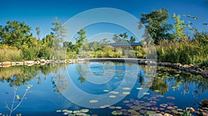 The mirrorlike surface of the pond reflects the blue sky with the addition of the energyproducing panels disrupting the photo