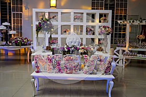 MIS XV, sweet sixteen table flower sign letters, Candy bar set up on wedding table