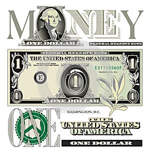 Miscellaneous 1 dollar bill elements