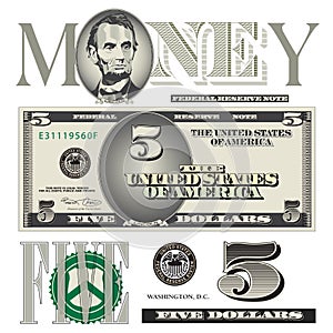 Miscellaneous 5 dollar bill elements