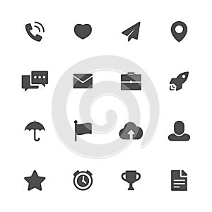 Miscellaneous and business objects flat gray icons set of 16