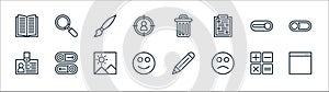 Miscellaneous line icons. linear set. quality vector line set such as browser, sad, happy, id card, switch on, painting, trash bin
