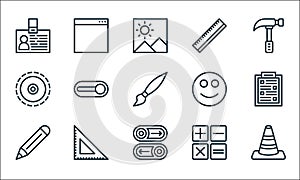 Miscellaneous line icons. linear set. quality vector line set such as cone, button, pencil, calculator, ruler, tactile, happy,