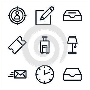 miscellaneous line icons. linear set. quality vector line set such as inbox, clock time, email, table lamp, luggage, ticket, inbox