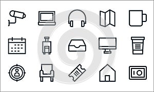 miscellaneous line icons. linear set. quality vector line set such as locker, validating ticket, user, home, sofa, calendar,